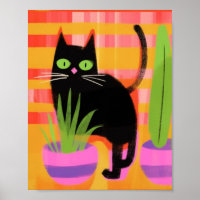 A Black Cat With Houseplants