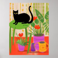 A Black Cat With Houseplants