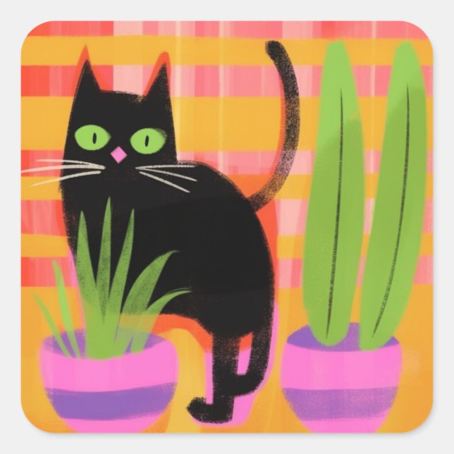 A Black Cat With Houseplants Square Sticker (Front)