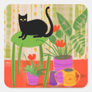A Black Cat With Houseplants Square Sticker