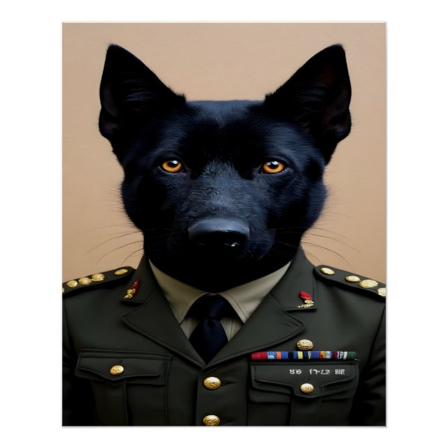 A black German Shepherd in military uniform Poster (Front)