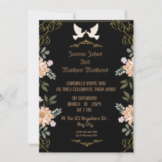 A black, gold  and floral wedding card