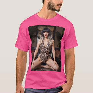 a black-haired woman with a bold leopard-patterned T-Shirt