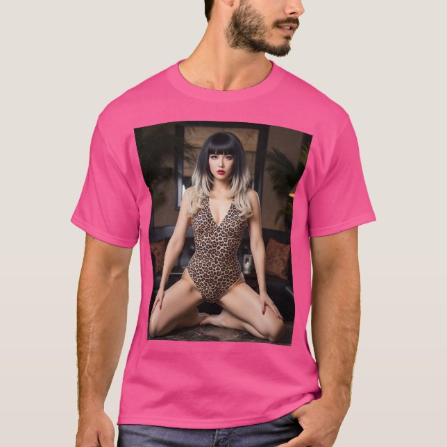 a black-haired woman with a bold leopard-patterned T-Shirt (Front)