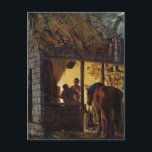 A Blacksmith's Shop Postcard<br><div class="desc">A rustic stone building with a moss-covered roof stands under a partly cloudy sky. Inside,  two men are illuminated by warm light,  while a horse stands at the entrance,  adding to the scene's pastoral charm.

Artist: Joseph Wright</div>