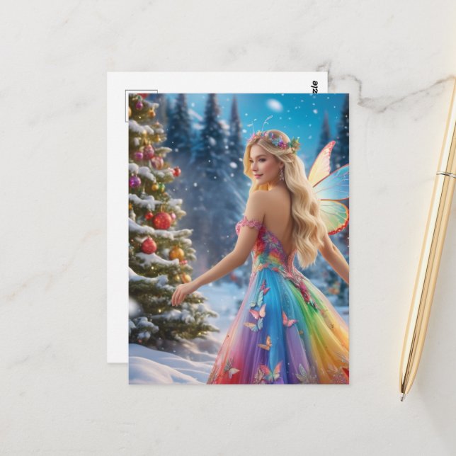 A Blonde Woman fairy and Christmas Tree Postcard (Front/Back In Situ)