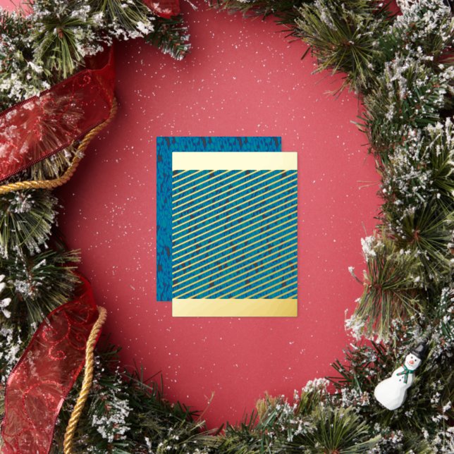 a blue and black background with a pattern foil holiday postcard (Insitu)