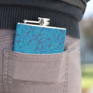 a blue and black background with a pattern hip flask