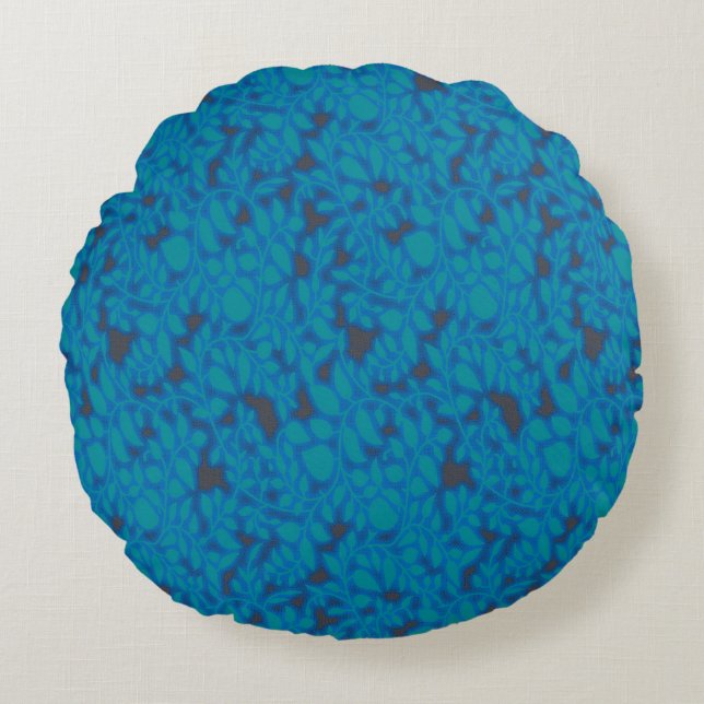 a blue and black background with a pattern round cushion (Front)