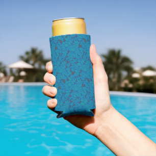 a blue and black background with a pattern seltzer can cooler