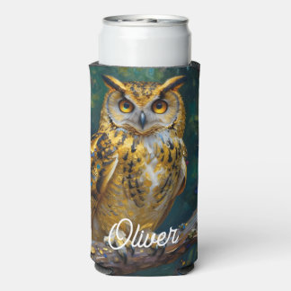 A Blue and Gold Majestic Owl   Seltzer Can Cooler