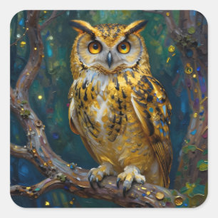 A Blue and Gold Majestic Owl Square Sticker
