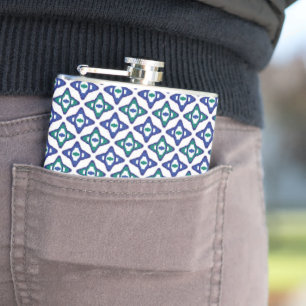a blue and green pattern with a white background hip flask