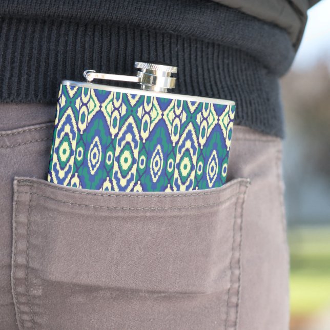 a blue and green pattern with a white background hip flask (In Situ)