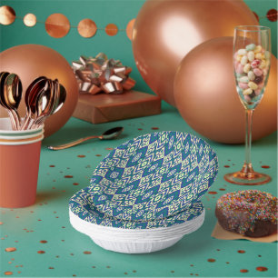 a blue and green pattern with a white background paper plate