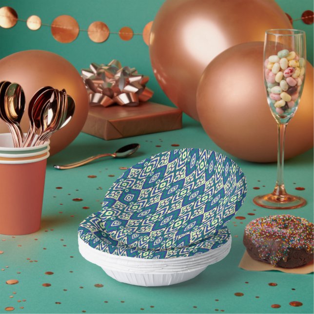 a blue and green pattern with a white background paper plate (Multi)