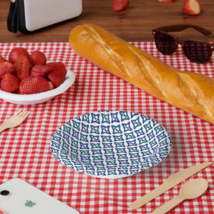 a blue and green pattern with a white background paper plate
