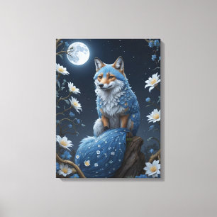 a blue and white fox with flowers and moon canvas print