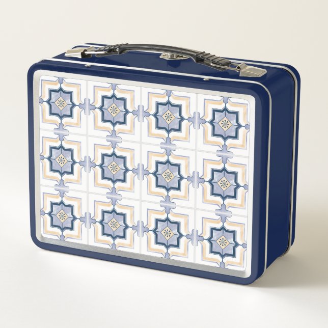 A blue and white metal lunchbox with a geometric  (Back)