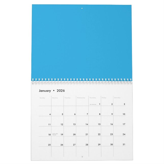 a blue background with a black and white cat on to calendar (Jan 2026)