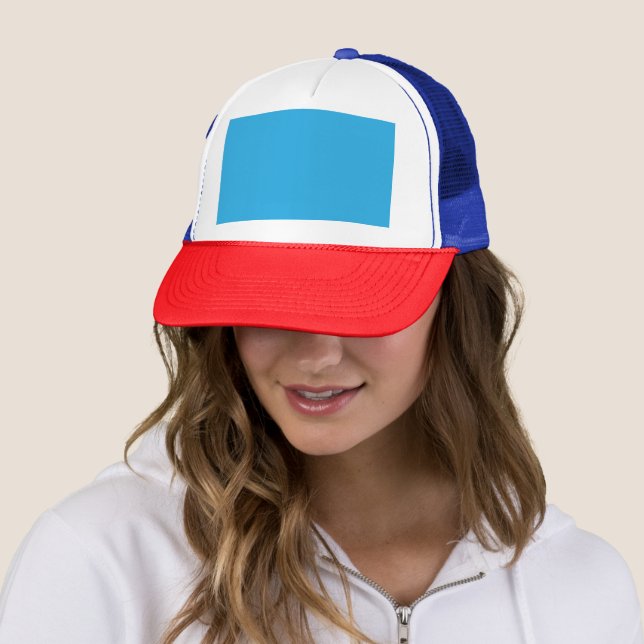 a blue background with a black and white cat trucker hat (In Situ)