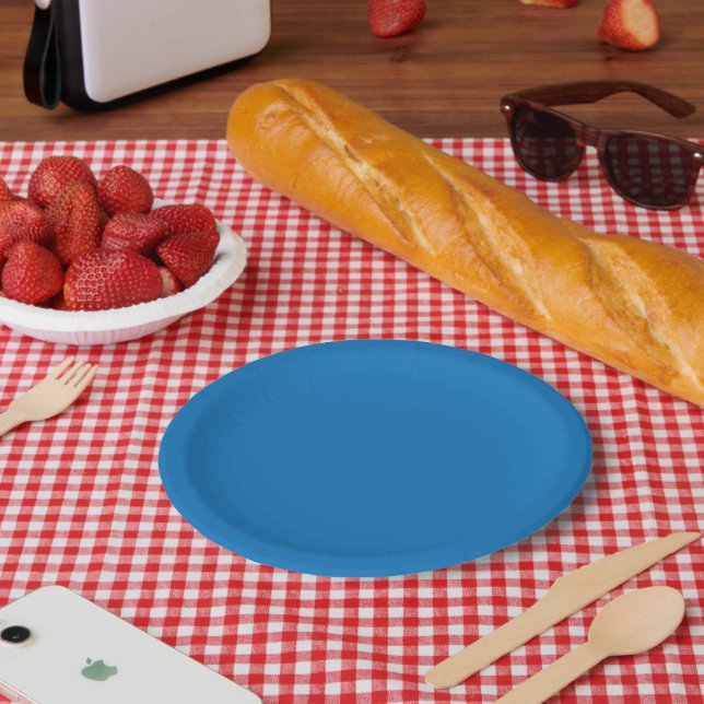 a blue background with a black and white clock paper plate (Picnic)