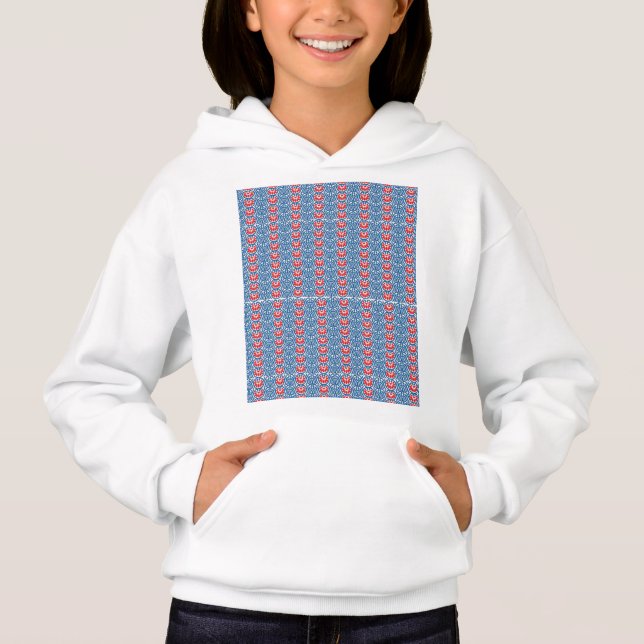 a blue background with red and white designs (Front)