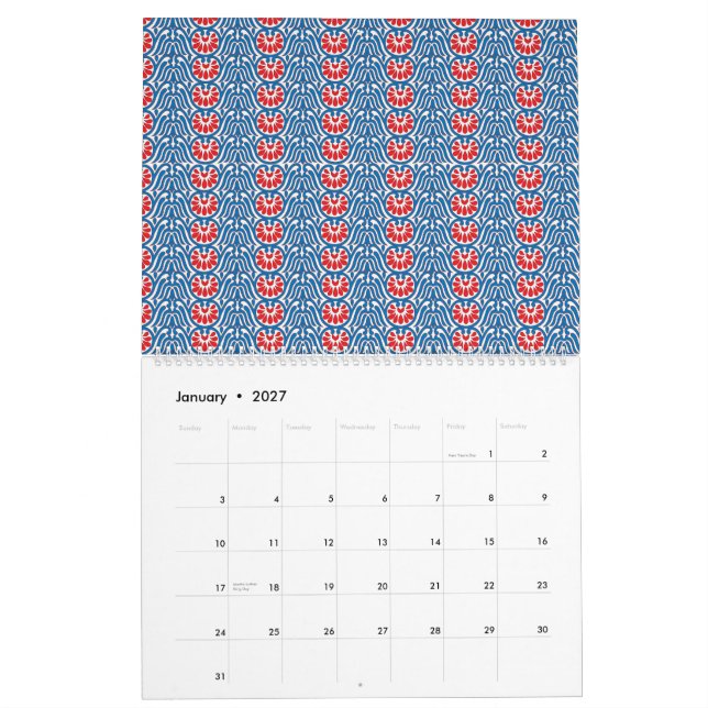 a blue background with red and white designs calendar (Jan 2027)