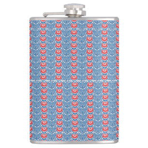 a blue background with red and white designs hip flask
