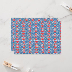 a blue background with red and white designs invitation