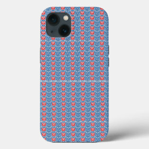 a blue background with red and white designs iPhone 13 case