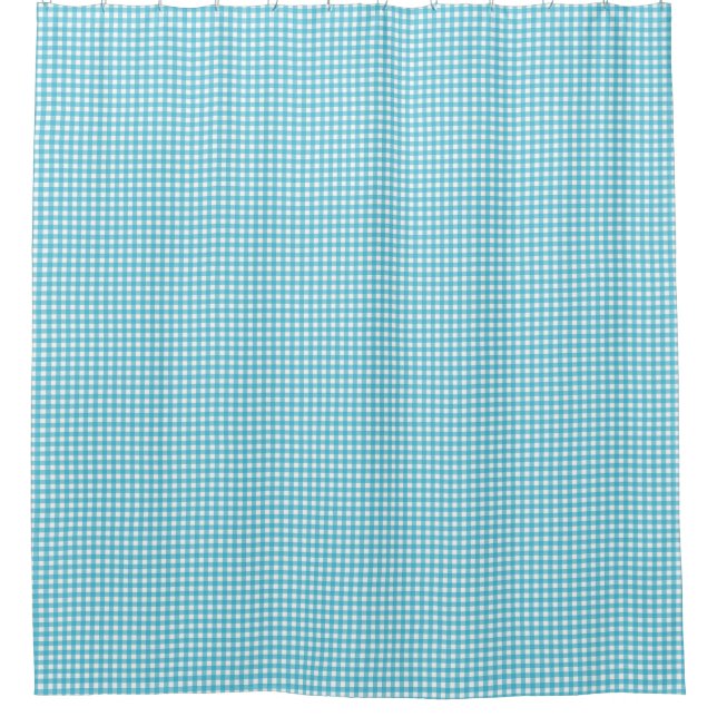 A blue checkered shower curtain is shown (Front)