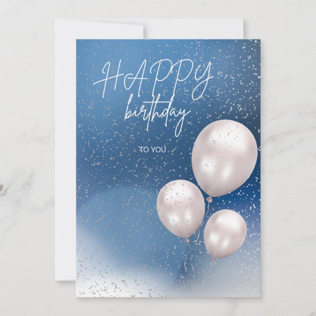 A blue elegant birthday card with white balloons (Front)