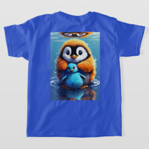 A Blue Fluffy Baby Penguin Hugging a Cute Little T-Shirt