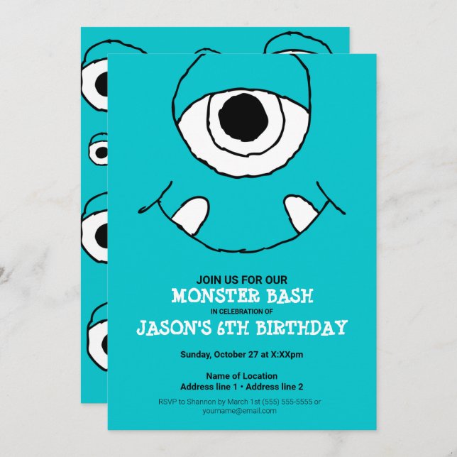A Blue Monster Bash! Cute Monster Party Invites (Front/Back)