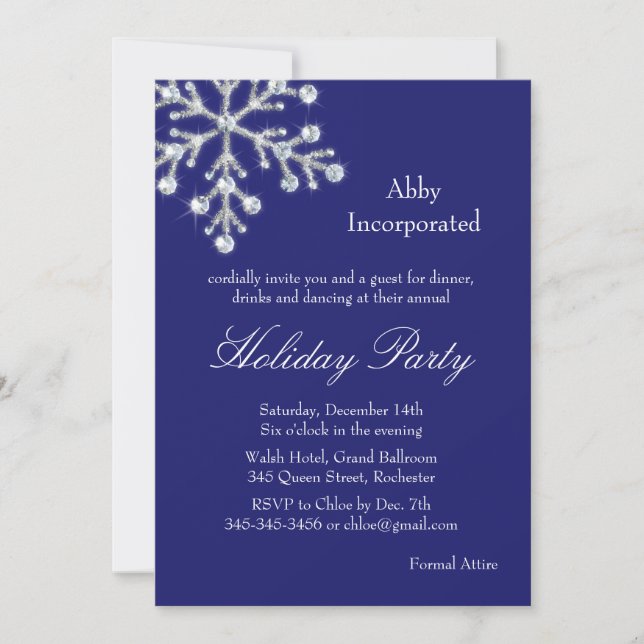 A Blue Offset Crystal Snowflake Holiday Invitation (Front)