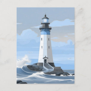 A blue painting lighthouse postcard