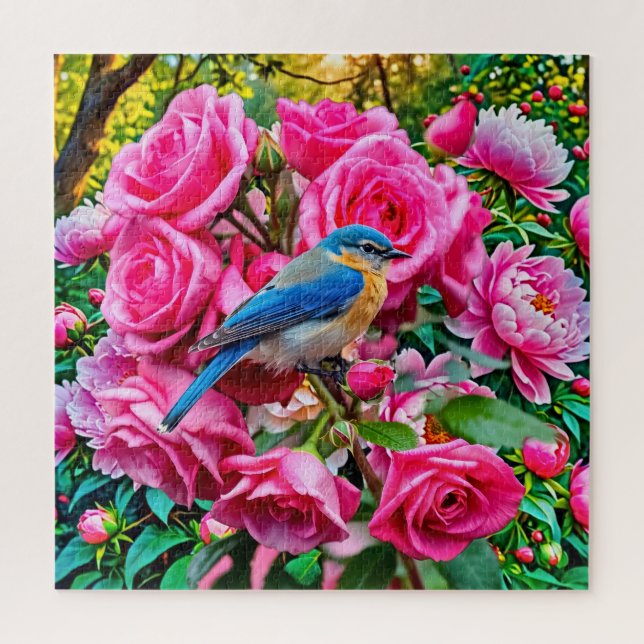 A bluebird atop roses jigsaw puzzle (Vertical)