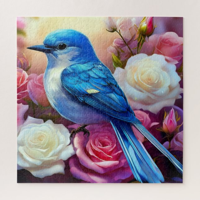 A bluebird perched on a cluster of blooming roses jigsaw puzzle (Vertical)