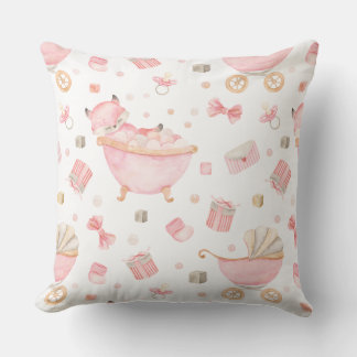 A blush pink fox having pink bubble bath in a tub cushion