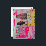 A Boat Mixed Media Collage Pink Yellow Postcard<br><div class="desc">A collage made and photographed by Angelandspot in the year 2026 with vintage images from a magazine of a person in a boat and various textbook pages with pink and yellow paint</div>