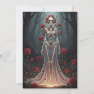 A bony girl wears a wedding dress in a forest. invitation