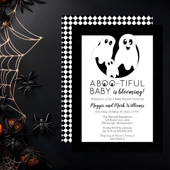 A BOO - TIFUL Baby is Blooming Halloween Shower Invitation ("A BOO-Tiful [Beautiful] Baby Is Blooming!" Ghost-Themed Baby Shower Invitation)