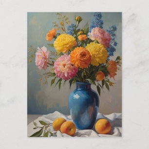 A bouquet of flowers in a blue vase postcard