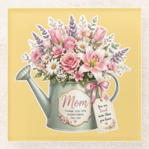 A bouquet of flowers in a watering can for mum glass coaster