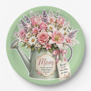 A bouquet of flowers in a watering can for mum paper plate