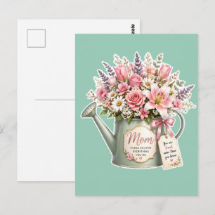 A bouquet of flowers in a watering can for mum  postcard