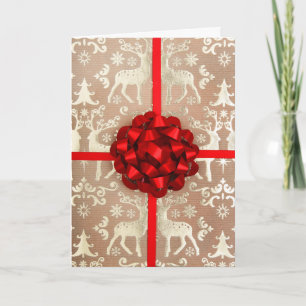 A bow and ribbon on Christmas wrapping paper Holiday Card
