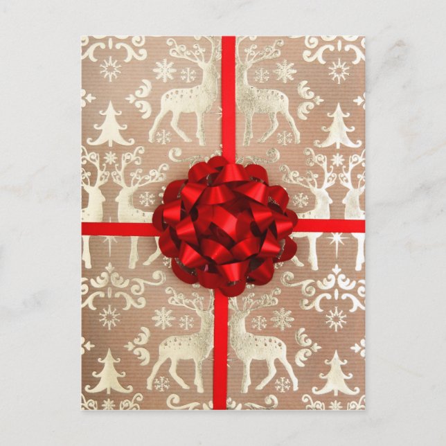 A bow and ribbon on Christmas wrapping paper Holiday Postcard (Front)