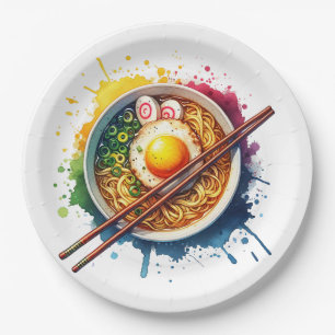 A Bowl of Ramen Noodles and Chopsticks Paper Plate